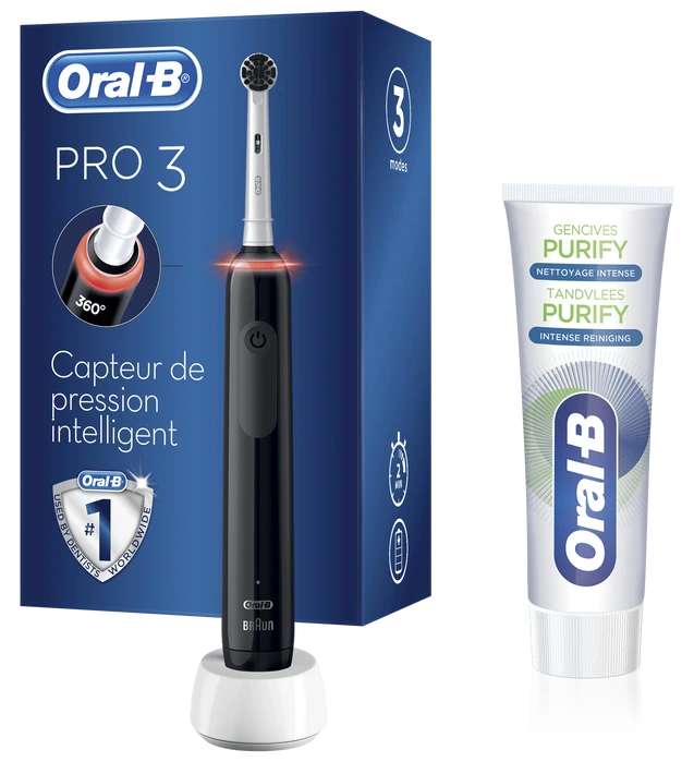 Brosse à dents électrique Oral-B Pro 3 3800 PureClean avec Dentifrice (Carton abimé - Garantie de 12 mois)