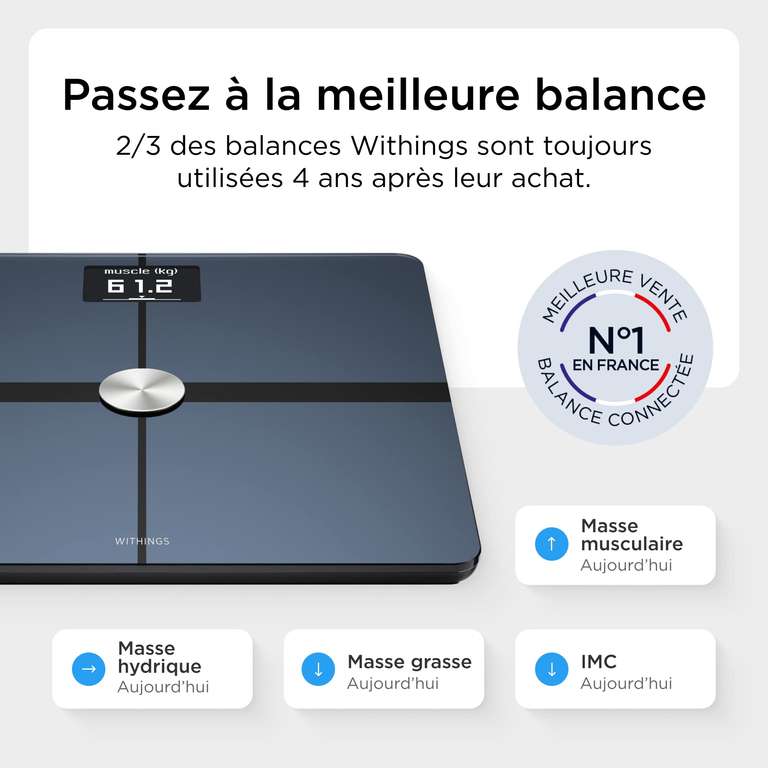 Balance connectée Withings Body + (plus) - Composition corporelle, sauvegarde 8 utilisateurs, Bluetooth et Wi-Fi (iOS et Android)