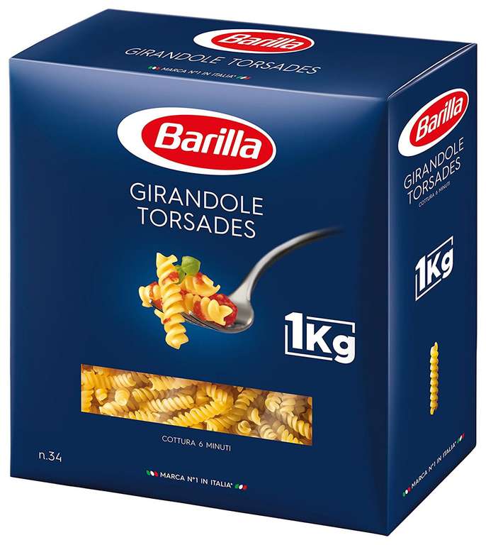 Lot de 3 paquets de pâtes Barilla Torsades, Spaghetti, Coquillettes ou Capellini (3x1kg)