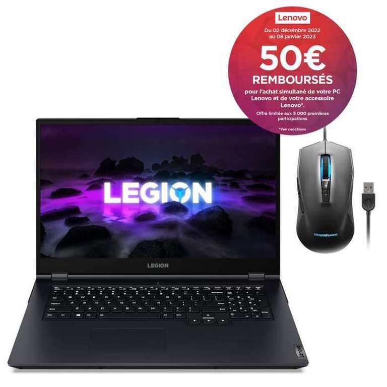 PC Portable 17.3" Lenovo Legion 5 17ACH6H - FHD 144Hz, Ryzen 7 5800H, RAM 16 Go, SSD 512 Go, RTX 3070 Max-P (130W) + Souris (Via ODR de 50€)