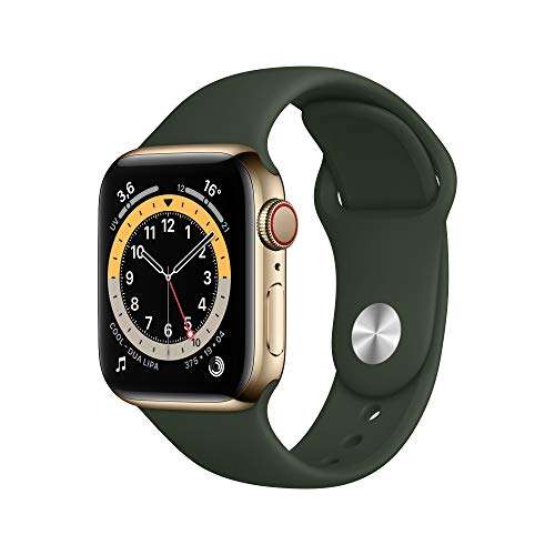 Montre connectée Apple Watch Series 6 (GPS + cellulaire, 40 mm) - Boîtier en acier inoxydable doré avec bracelet sport vert chypre