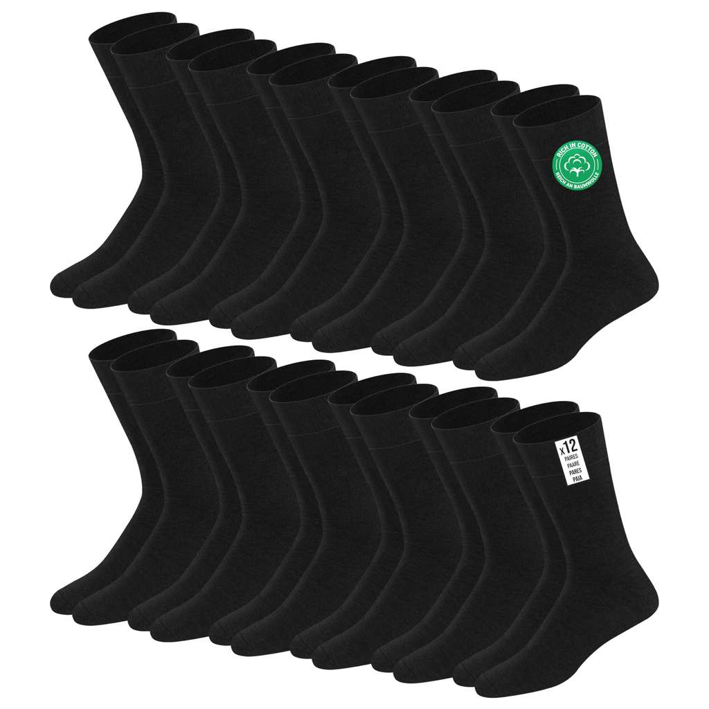 Lot De 12 Paires De Chaussettes Noires 100% Coton – Fabriqué En Europe (Portugal)