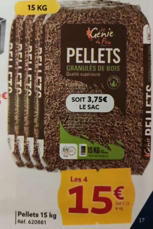 Lot de 4 sacs Granulés de bois (pellets) 15kg - 3.75€/ sac (Sélection de villes)