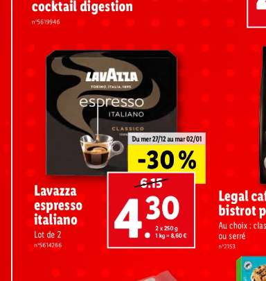 Lot de 2 paquets de café moulu 250 gr Lavazza espresso italiano