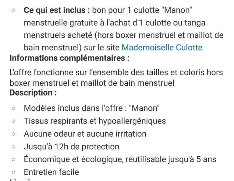 Bon pour 1 culotte menstruelle (ou tanga menstruel) acheté = 1 culotte menstruelle Manon offerte sur MademoiselleCulotte.com