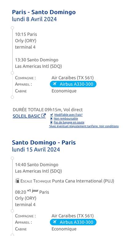 Vol A/R Paris (Orly) <-> Saint-Domingue (République dominicaine) - Du 8 au 15 Avril (Bagage cabine de 12 kg)