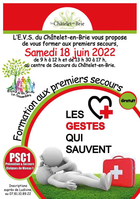 [Habitants] Formation Gratuite à la Prévention et Secours Civiques de niveau 1 (PSC1) - Le Châtelet-en-Brie (77)