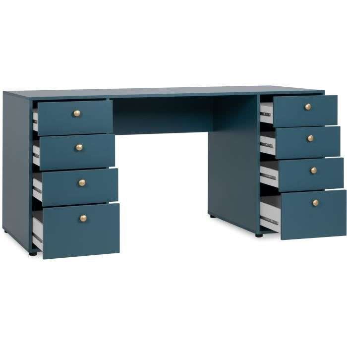 Bureau droit avec 8 tiroirs Pop Color - Bleu Pétrole, 160 x 67 x 75 cm