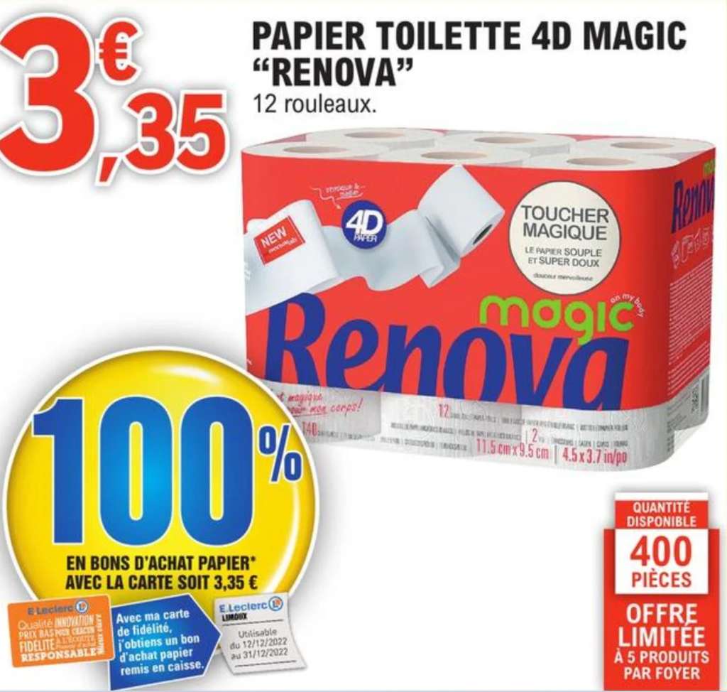 Promo Papier toilette renova magic 4D chez E.Leclerc