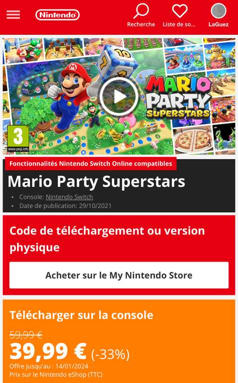 Jeu Mario Party SuperStars sur Nintendo Switch (Dématérialisé)