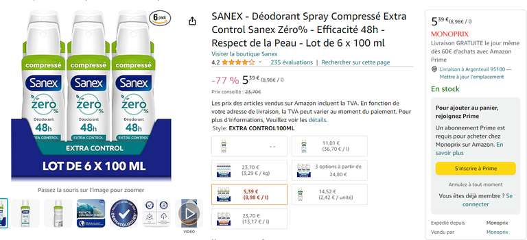 Lot de 6 Déodorant Spray Compressé Extra Control Sanex Zéro% - 6 x 100 ml (Vendeur Monoprix Ile de France - commande de 30€ minimum)