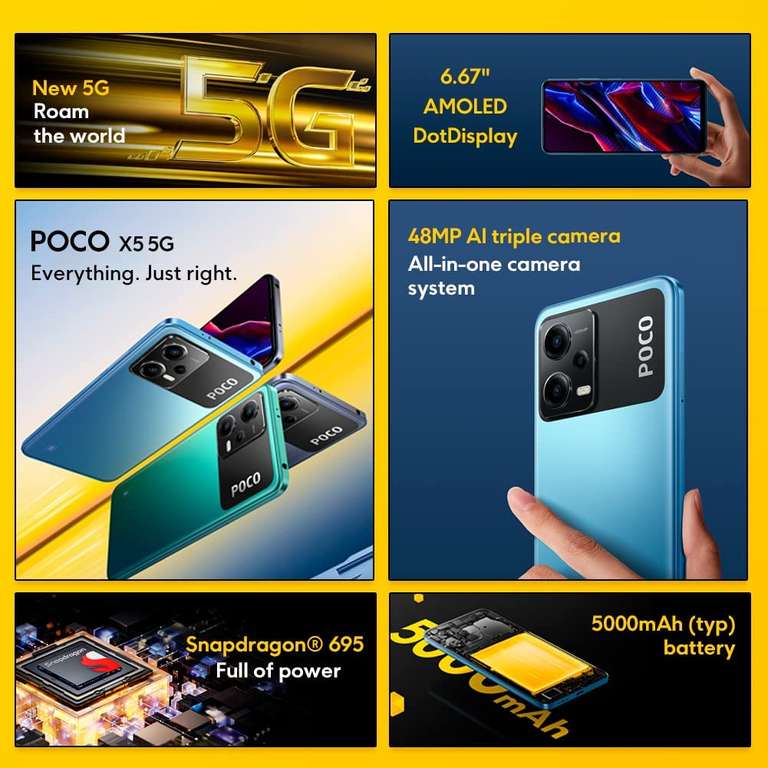 Smartphone 6.67" Xiaomi POCO X5 5G - AMOLED FHD+ 120 Hz, Snapdragon 695, RAM 6 Go, 128 Go, 48+8+2 MP, 5000 mAh (Entrepôt France)
