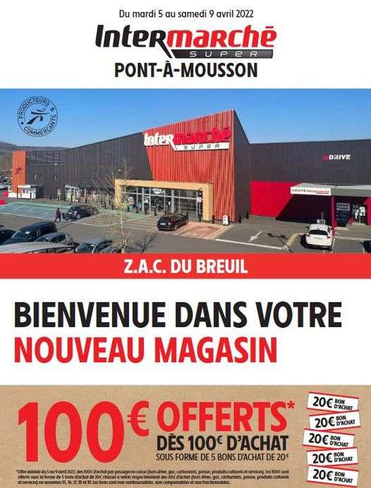 Lot de 5 bons d'achat de 20€ valables dès 60€ d'achat offerts pour 100€ de courses (1 BA valable par semaine) - Pont-à-Mousson (54)