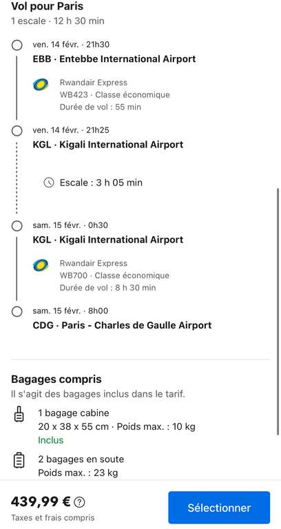 Vol Aller-retour Paris (CDG) <-> Entebbe (Ouganda) - Du 1 au 14 Février 2025 (2 bagages en soute de 23 kg)