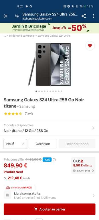 Smartphone 6.8" Samsung s24 ultra SM-S928U - 256 Go (version US)