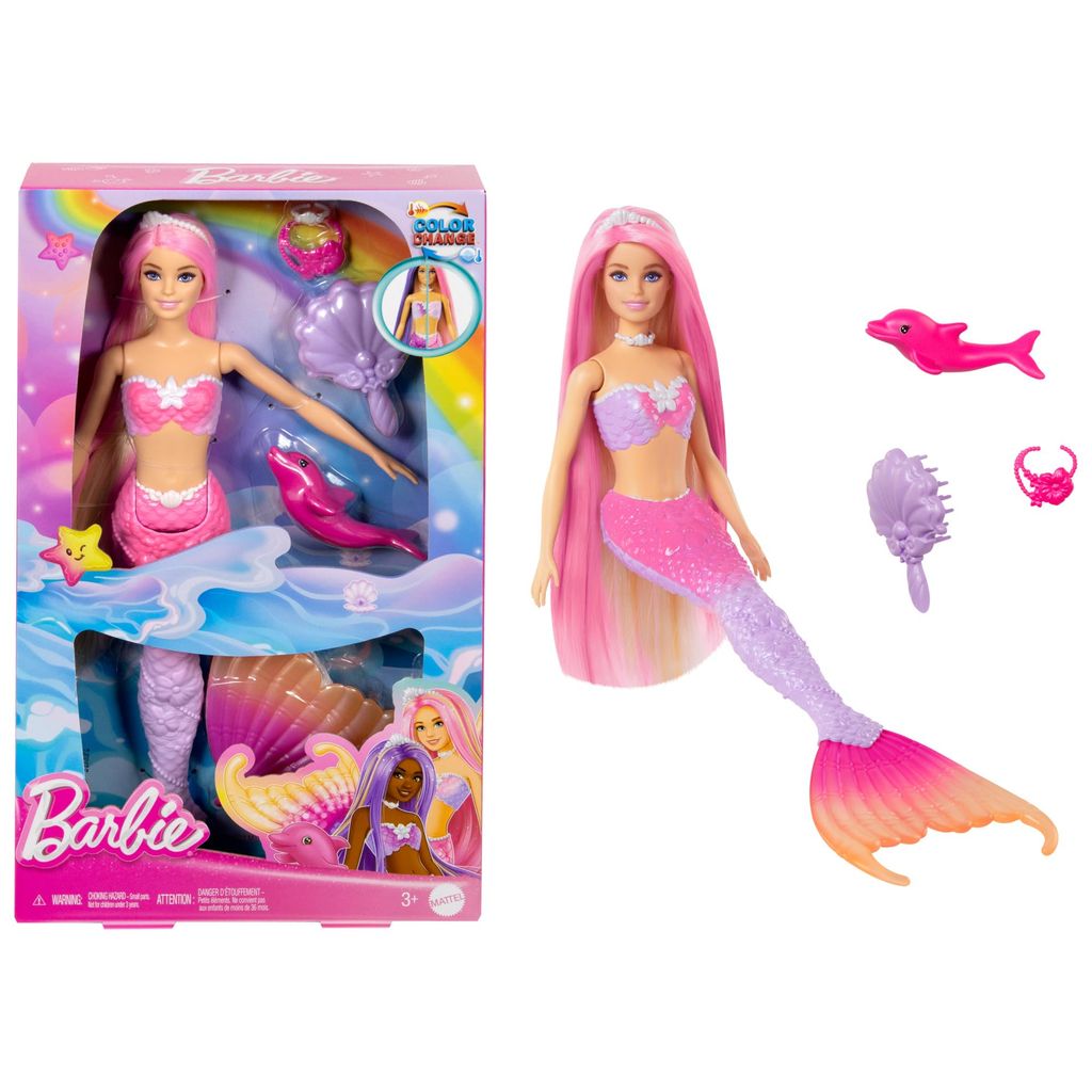 [Prime] Poupée Barbie Sirène Malibu - Cheveux Roses et Dauphin, accessoires de coiffure, changement de couleur au contact de l'eau, HRP97
