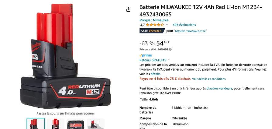 Batterie MILWAUKEE 12V 4Ah Red Li-Ion M12B4-4932430065 : :  Bricolage
