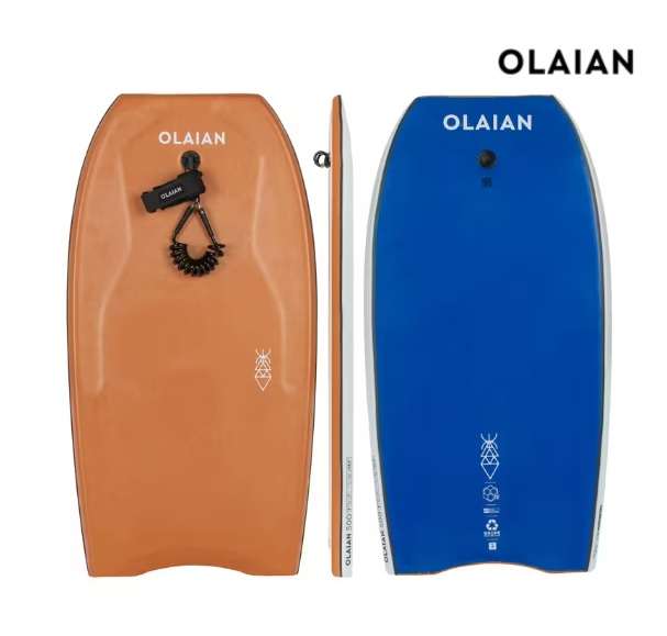 Planche de surf Bodyboard 500 Olaian - Marron/bleu avec leash, Tailles 40.5" à 43.5"