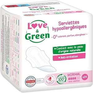 Serviettes Hygiéniques Ecologiques Love & Green - Normale, Certifiées Ecolabel, 14 Pièces, 0% colorant, parfum, allergènes