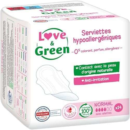 Serviettes Hygiéniques Ecologiques Love & Green - Normale, Certifiées Ecolabel, 14 Pièces, 0% colorant, parfum, allergènes