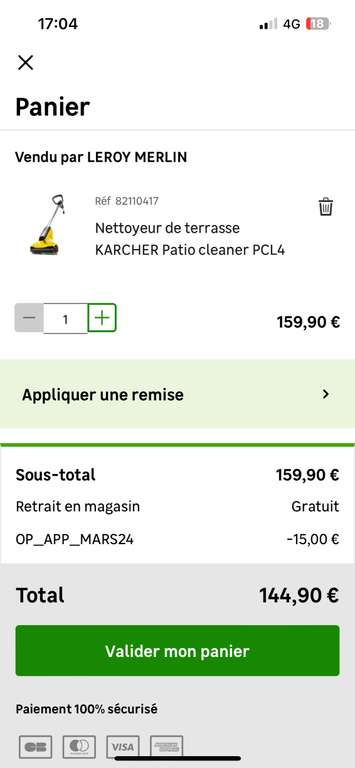 Nettoyeur Terrasse Karcher PCL4 (Via Remise au Panier Application + ODR de 20€)