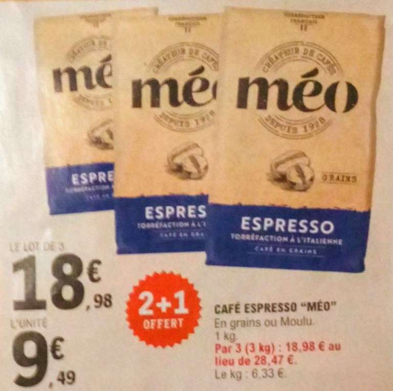 Lot de 3 Kg Café Méo Espresso en grains ou moulu, 3 x 1 Kg ( 6,33