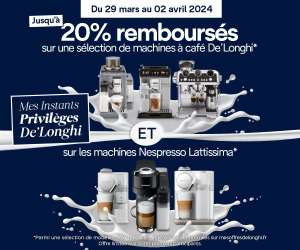 15% remboursés sur les modèles De'Longhi et 20% sur les modèles LatteCrema System et Nespresso Lattissima (via ODR - mesoffresdelonghi.fr)
