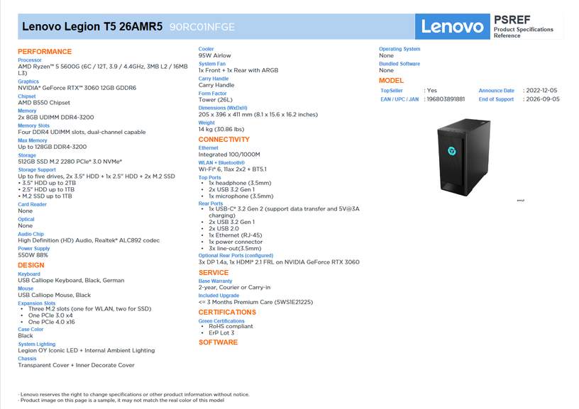 Économisez 250€ sur le PC Gaming Lenovo Legion T5 : le choix