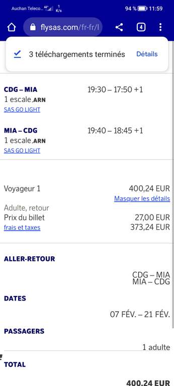 Vol Aller/Retour Paris (CDG) <-> Miami (MIA) du 7 au 21 février 2024, avec escale, bagage cabine inclus