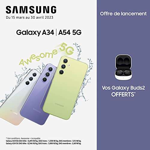 Smartphone Samsung Galaxy A54 5G - 128 Go + Chargeur Secteur Rapide 25W + Paire d'écouteurs Galaxy buds 2 offerts
