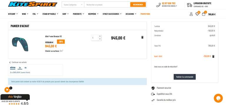 10€ de réduction dès 99€, 50€ dès 349€, 100€ dès 599€ et 150€ dès 849€ d'achat sur KiteSpirit (Hors Occasion) - kite-spirit.com