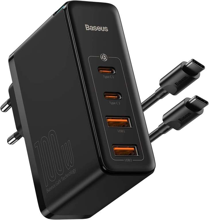 Chargeur Baseus (100W) - 2x USB-C + 2x USB-A, PD 3.0 & QC 4+/3.0, GaN II Tech, Câble Type-C inclus (Vendeur tiers)