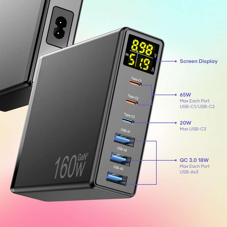 Chargeur Rapide USB 160W GaN 6 Ports - avec 3 USB-C et 3 USB-A PD QC 3.0 (via coupon - vendeur tiers)