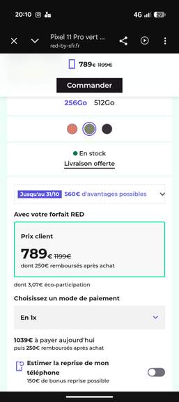 [RED by SFR] Smartphone 6,3" Google Pixel 11 Pro - 256 Go (via 150€ bonus reprise)