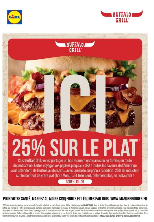 25% de réduction sur le montant de votre plat chez Buffalo Grill - hors menus (partenariat Lidl Plus)