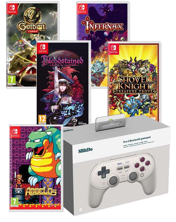 Bundle Aggelos, Shovel Knight: Treasure Trove, Golden Force, Infernax, Bloodstained Ritual of the Night & Manette 8bitdo Pro 2