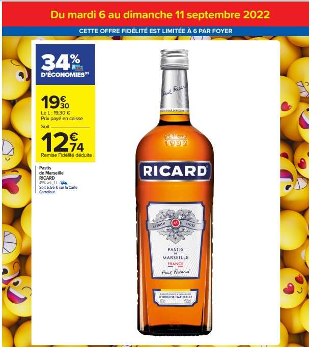 Bouteille de Pastis Ricard - 1L (via 6.56€ sur la Carte de Fidélité)