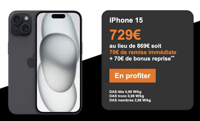 [Clients Orange] Smartphone Apple Iphone 15 128go (via 70€ de Reprise)