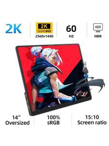 Écran portable ZSUS 14" - 2K (2160x1440), 60Hz, 100% sRGB, HDR, 2x USB-C, Mini-HDMI, Haut-parleurs intégrés
