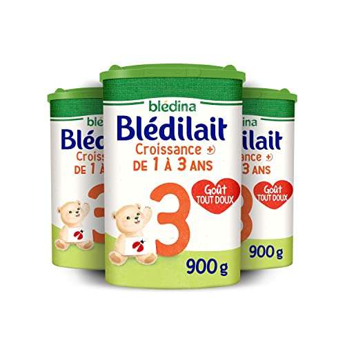 Lot de 3 Boites Lait en poudre Blédina Blédilait Croissance 3+ pour Bébé, 12 à 36 mois, 3x 900g