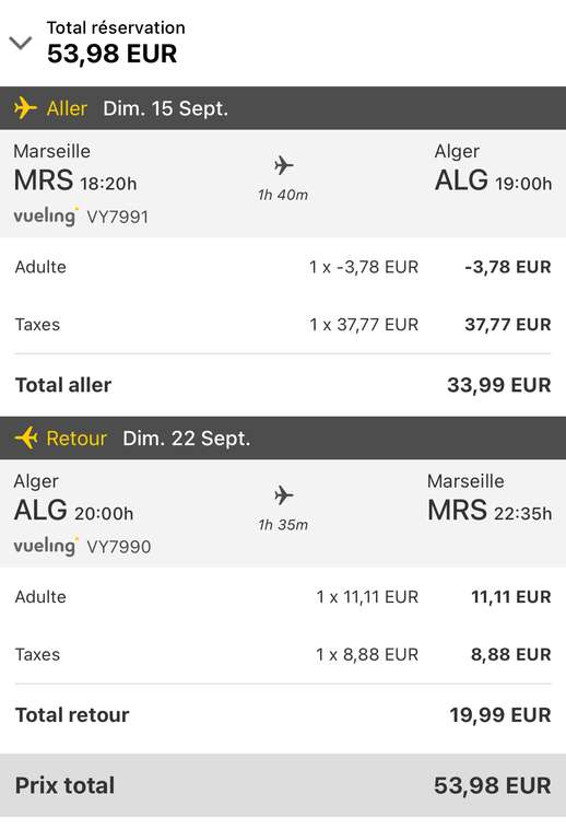 Vol Aller-retour Marseille (MRS) <-> Alger (Algérie) - Du Dimanche 15 au Dimanche 22 Septembre (Bagage à main)