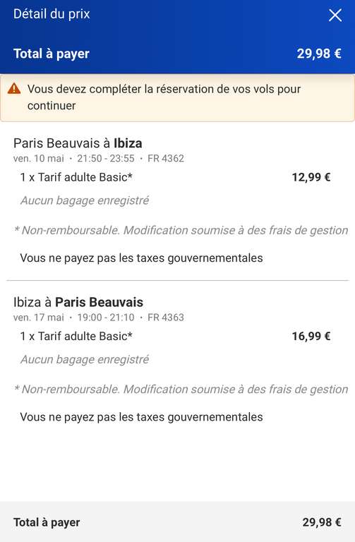 Vol A/R Paris Beauvais (BVA) <-> Ibiza (IBZ) du 10 au 17 mai 2024 (petit sac 40x25x20cm inclus)