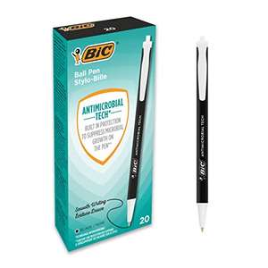 Lot de 20 stylos rétractables Bic - Antimicobial Tech, pointe moyenne 1 mm, noir
