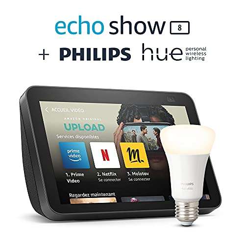 Ecran connecté Amazon Echo Show 8 (2e génération - 2021) - Anthracite ou Blanc + Ampoule connectée Philips Hue White E27