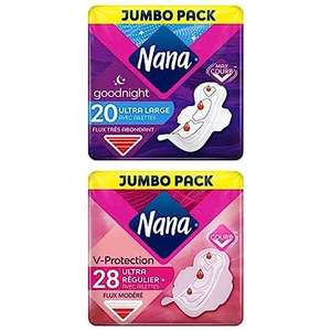 Pack serviettes hygiéniques Nana Ultra Goodnight Large (20 serviettes) + Ultra Régulier Plus (28 serviettes)