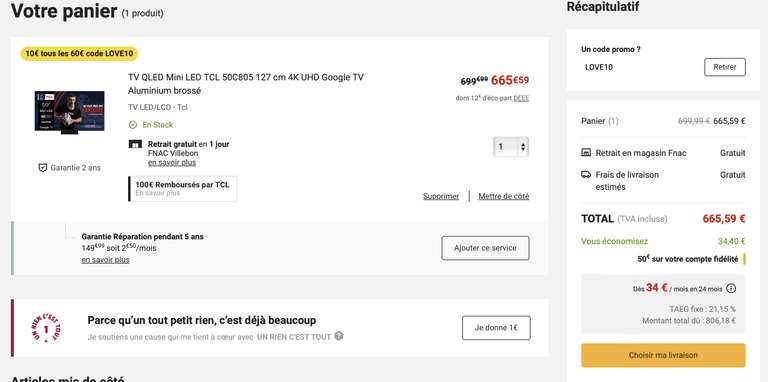 TV 50" QLED Mini LED TCL 50C805 - 127 cm 4K UHD (100€ via ODR, et 50€ crédités sur carte Fnac pour les adhérents)