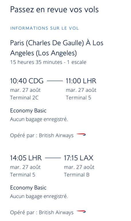 Vol Aller-retour Paris (CDG) <-> Los Angeles (États-Unis) - Du 27 Août au 8 Septembre (Avec escale, bagage cabine de 23 kg)