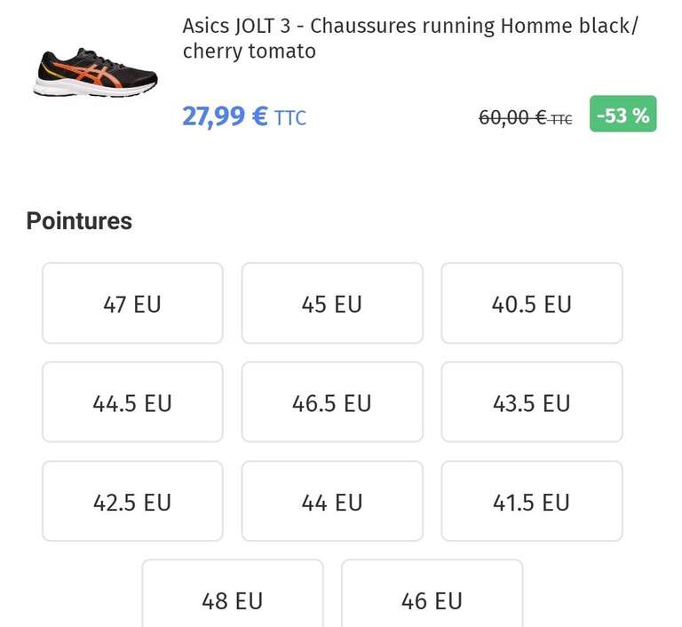 Chaussures running Asics Jolt 3 - Tailles 40 à 46