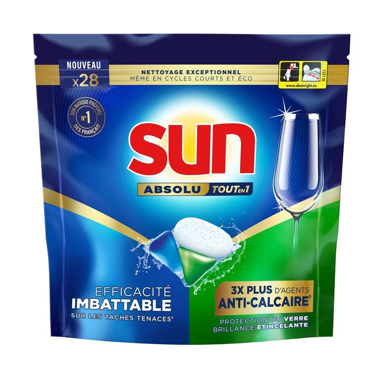 Paquet de 28 tablettes pour lave-vaisselle Sun Absolu Tout-en-1 (via 8€ fidélité - Magasins participants)