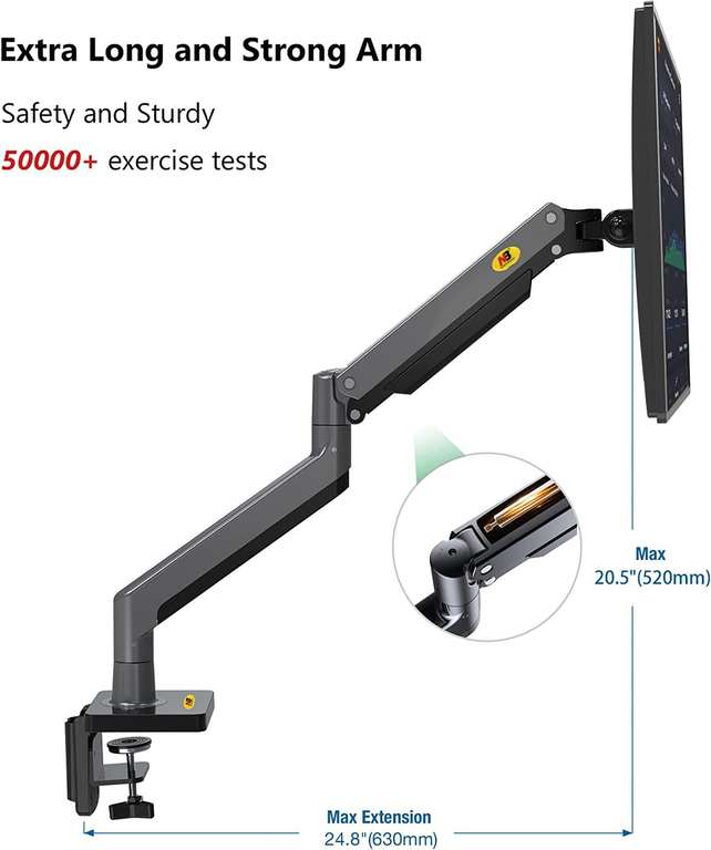 Bras De Moniteur Simple Gaz - Support Écran 17-57", 27 Kg, VESA 75/100, Réglage Hauteur/Pivot, USB A/C - 9